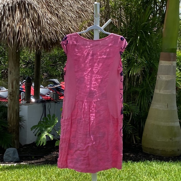 Italian 100% linen dress with navy blue embroidered detail cap sleeves, pockets - Picture 8 of 12